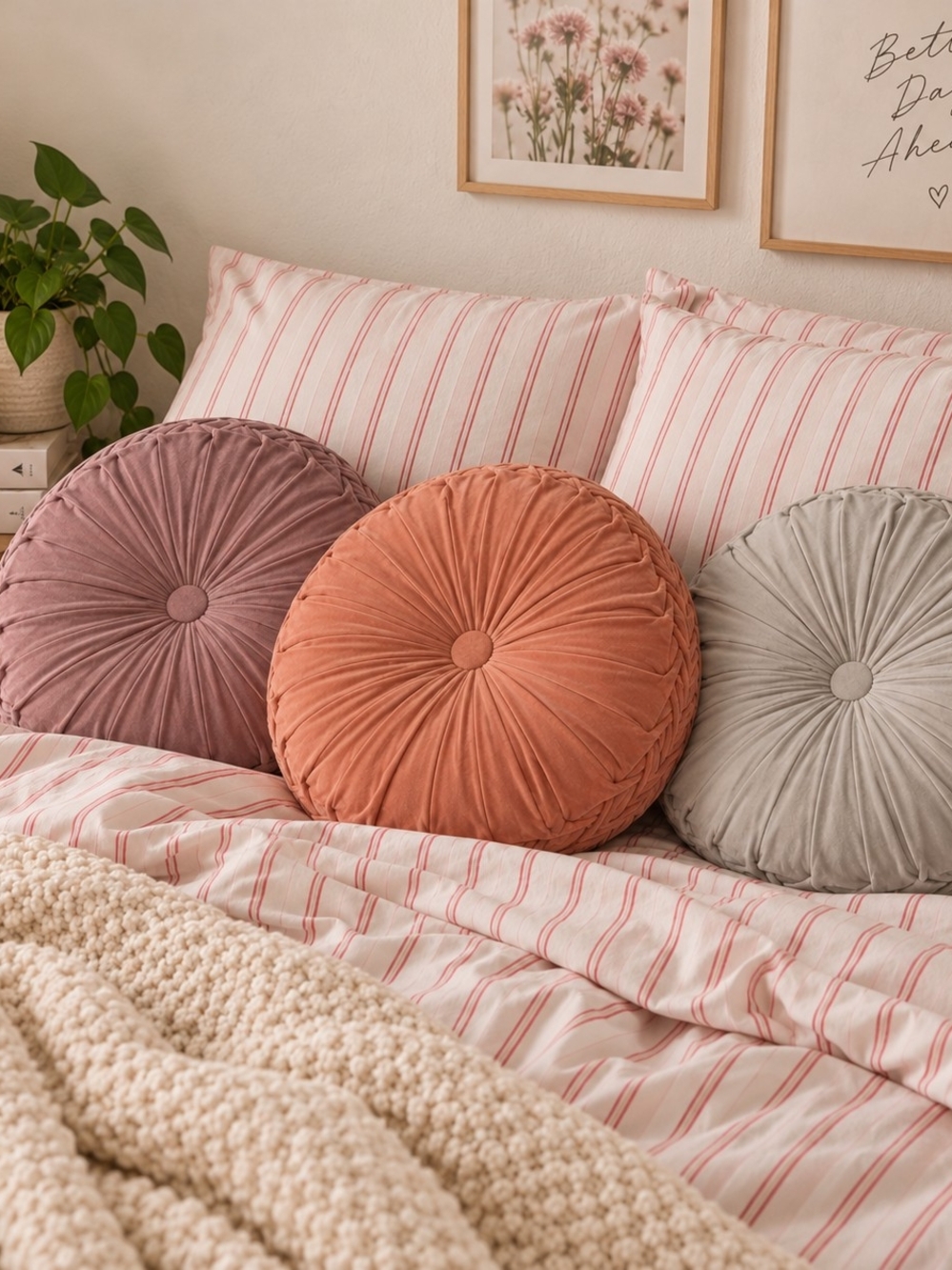Urban Outfitters Round Velvet Pillow Trio in Mauve, Peach, and Light Gray